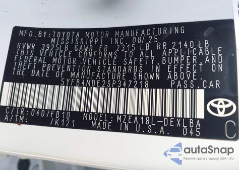 2025 Toyota Corolla Le from USA, damaged, VIN 5YFB4MDE2SP347218